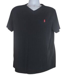 Polo Ralph Lauren V-Neck Tee Shirt Size Large Short Sleeve Black Cotton Red logo